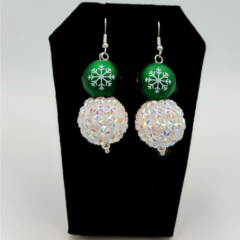 Homemade Elegant Green and White Snowflake Earrings